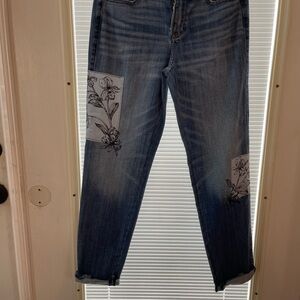 White House Black Market Blue Straight Leg Jeans with Floral Embroidery